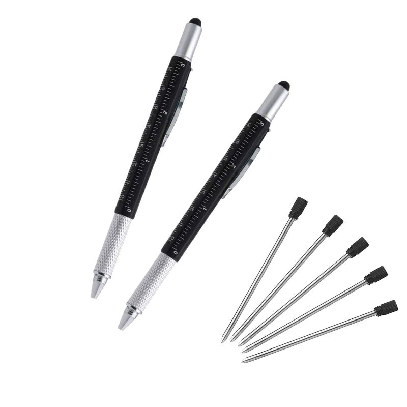 AIYIBEN Multifunction Tool Pen, 6 in 1 Tool with Ballpoint Pen, Touch Screen Stylus, Ruler, Spirit Level, Flat-head and Phillips Screwdriver, All-in-One Tech-Tool Pen with Ink Refills (2Ã—Black + 5Ã—Refills) - Image 1